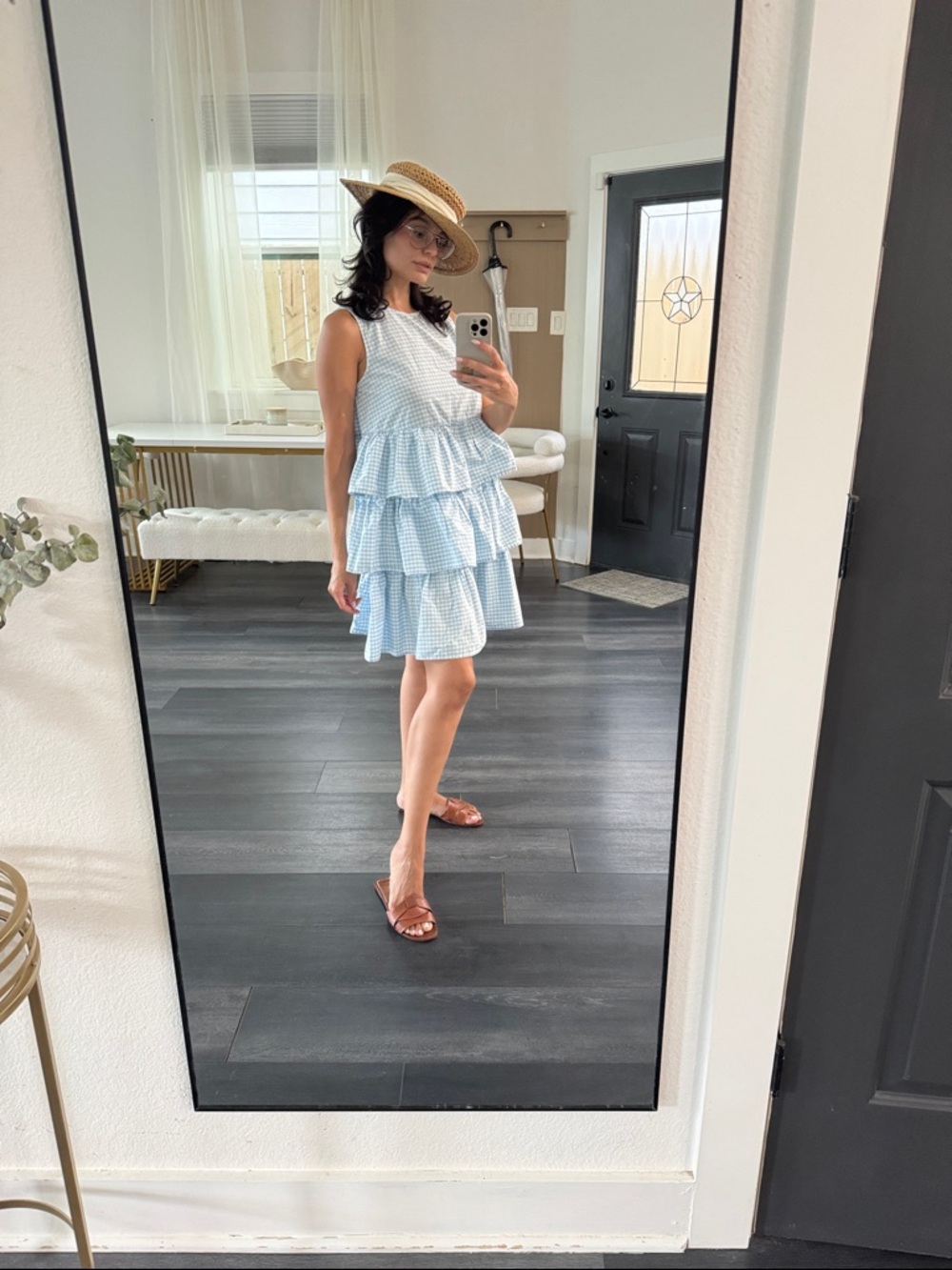 Who What Wear Light Blue Gingham Tiered Mini Dress